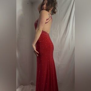 VTG 90s/Y2K Red Jeweled Open Back Full Length Formal Dress Size M-L